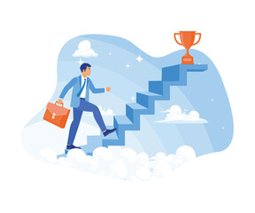 Fototapeta premium The man is walking up the stairs to get the trophy. Motivation to achieve success. Success Business concept. Flat vector illustration.