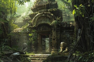 A painting showing a mysterious temple doorway nestled in the lush jungle foliage. Generative AI