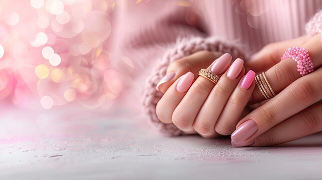 Female hands with pink manicure and gold rings on bokeh background, copy space