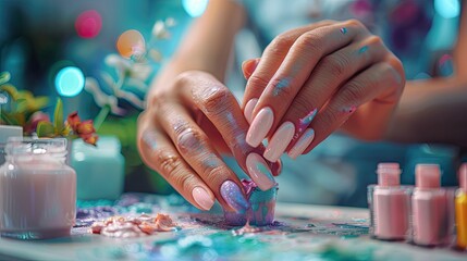 Female hands with beautiful manicure and nail polish. Nail care concept.