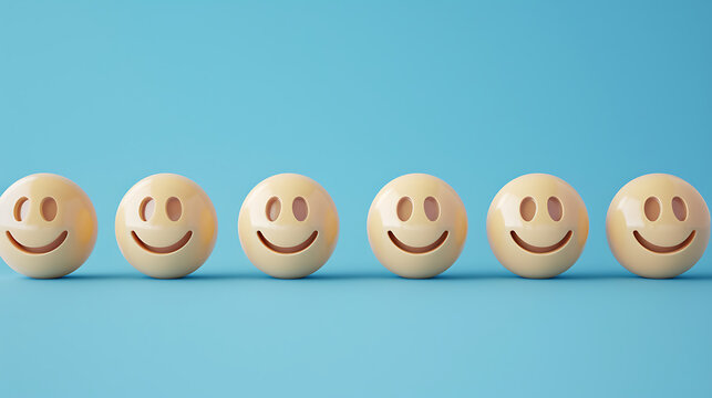 The image you’ve shared features a row of five beige, 3D smiley face emojis against a solid blue background. Each emoji has a big, friendly smile