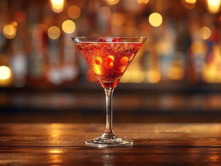 Sparkling Manhattan Cocktail with Floating Cranberries and Festive Vibes