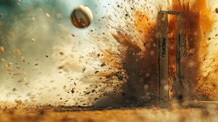An artistic shot of a cricket ball hitting the stumps, with the bails flying off in a match. The image captures the decisive moment in crisp detail, emphasizing the energy and suddenness of the action - obrazy, fototapety, plakaty