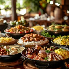 International cuisines spreads across a wooden table, showcasing an array of dishes and foods from...