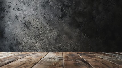 background for photo studio with brown wooden floor and black concrete backdrop. empty cement wall room studio background and floor perspective, well editing montage for product displayed.