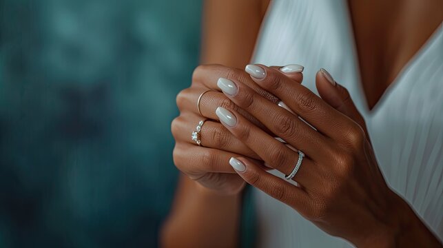 Close up of hands of young woman wearing wedding rings on her fingers