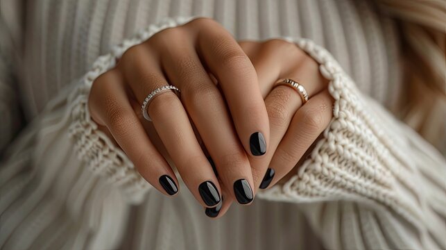 Female hands with black manicure and white nail design. Manicure concept.