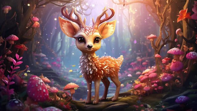 Cute Deer in the Fantasy Forest Seamless looping 4k time-lapse virtual video animation background. Generated AI
