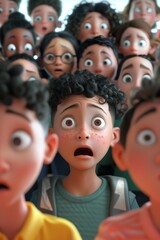 A crowd of children with frightened expressions on their faces. 3d illustration