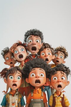 A crowd of children with frightened expressions on their faces on a white background . 3d illustration