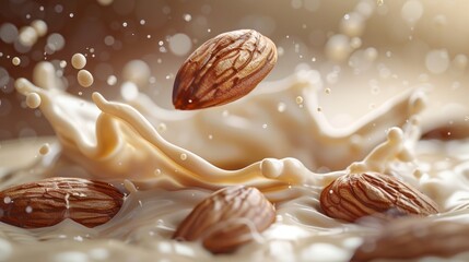 Almonds dropped into a milk splash - obrazy, fototapety, plakaty