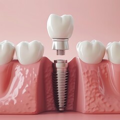 A dental implant design featuring varying sizes of teeth flanking a central screw 3D style