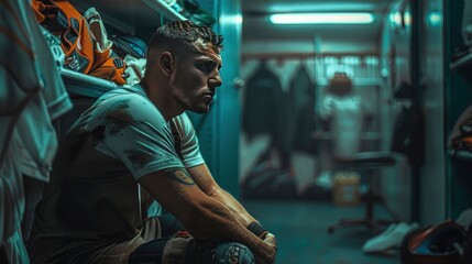 A behind-the-scenes moment of a player reflecting alone in the locker room, showcasing the emotional and introspective side of the sport. The image captures the player's focused or contemplative expre - obrazy, fototapety, plakaty