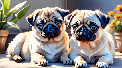 Two pug puppies resting side by side. AI created. - obrazy, fototapety, plakaty