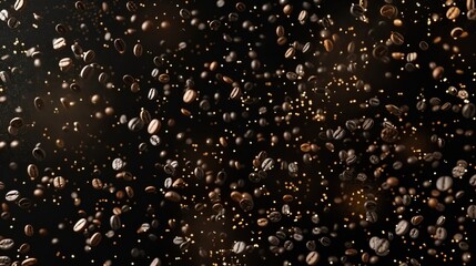 Dark background littered with falling coffee beans - obrazy, fototapety, plakaty