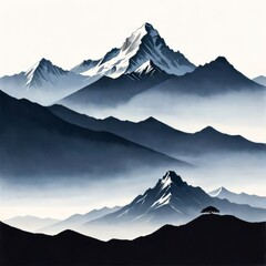 Stunning black, white drawing of majestic mountain range. Nature themed publications, websites,travel brochures, meditation app, even as decorative piece in home, office to evoke sense of tranquility