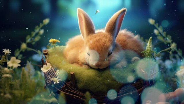 Cute fluffy rabbit peacefully asleep in the magical jungle under moonlight
 Seamless looping 4k time-lapse virtual video animation background. Generated AI