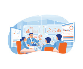 The manager leads meetings with colleagues. Analyze company financial and marketing data. Business Meeting concept. Flat vector illustration.