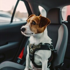 Adventurous Dog Buckled up for Car Ride