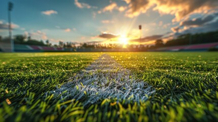 textured free soccer field in the evening light - center, midfield with the soccer ball