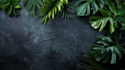 Isolate Dark green Monstera large leaves, philodendron tropical foliage plant growing in wild on white mable rock background concept for flat lay summer greenery leaf - obrazy, fototapety, plakaty