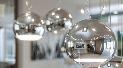 Elegant chrome lighting fixtures casting soft, reflective glows in modern interiors