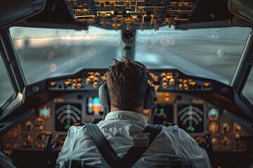 An airline pilot is seated in the cockpit of an airplane, focused on safely landing the aircraft despite potential engine issues. Generative AI - obrazy, fototapety, plakaty