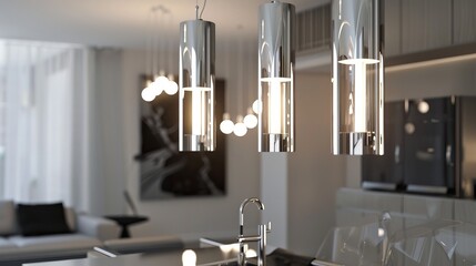 Elegant chrome lighting fixtures casting soft, reflective glows in modern interiors - obrazy, fototapety, plakaty