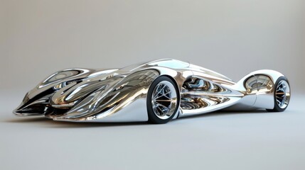 Futuristic chrome car with a sleek, aerodynamic design and mirror-like finish