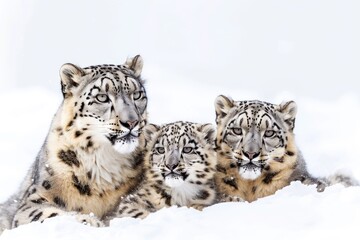 Fototapeta premium Stunning photo of a snow leopard family isolated on white background. 