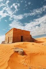 An ancient temple surrounded by sand dunes as far as the eye can see.