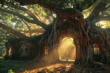 A large banyan tree has its roots covering the ancient temple amidst the forest, with beautiful light filtering through.