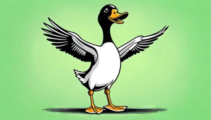Obraz premium A cartoon duck with wings spread open on a green background. 
