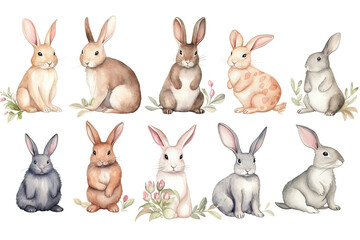 Watercolor cute vector isolated bunnies set white background