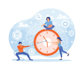 People get work done on time. Man pulls clock hand to increase deadline. Time Management concept. Flat vector illustration.