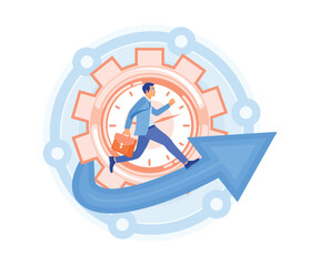 Men run according to clock-shaped gears. Set personal work time. Time Management concept. Flat vector illustration.