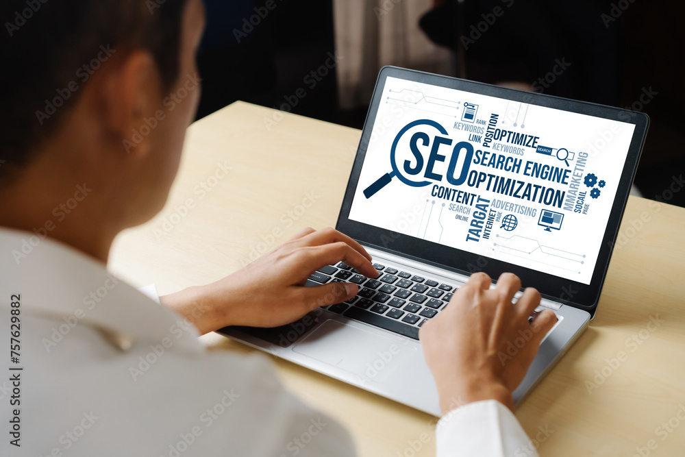 Aufkleber seo search engine optimization for modish e-commerce and online retail business showing on computer 