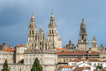 Fototapeta na wymiar View of the bell towers of the main facade of the Cathedral of Santiago de Compostela