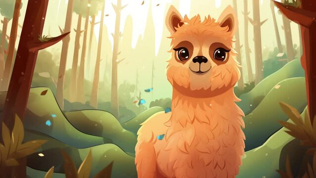 Adorable fluffy alpaca exploring lush jungle foliage with gentle charm and curiosity Seamless looping 4k time-lapse virtual video animation background. Generated AI