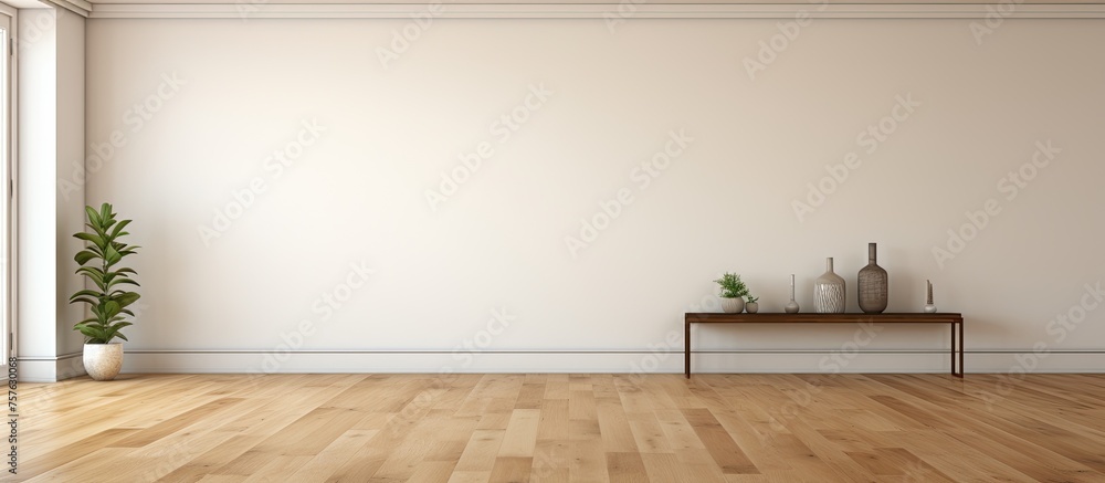 Poster a wooden table in the middle of the room displays a variety of vases. the hardwood floor complements