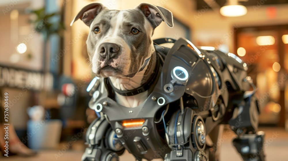 Poster futuristic robotic bionic dog with modern technology elements in an office environment