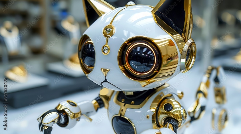 Poster futuristic robotic cat with golden accents on technology display - an intricate blend of machine lea
