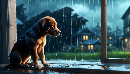 An illustration of a puppy looking out the window at the rainy weather. 