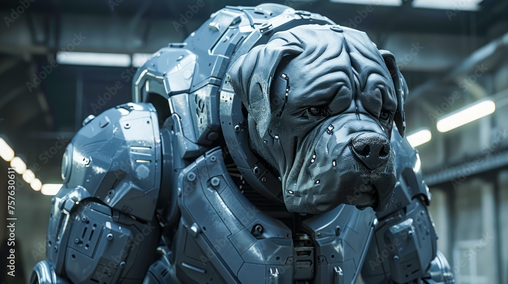 Poster futuristic cybernetic bulldog concept in high-tech armor in a sci-fi facility - abstract robotic can