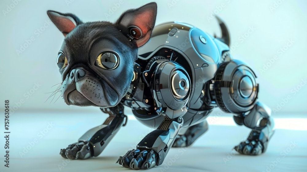 Poster futuristic robotic dog concept with mechanical body and expressive eyes in a modern design studio se