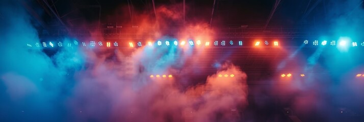 Concert scene with bright light beams and smoke