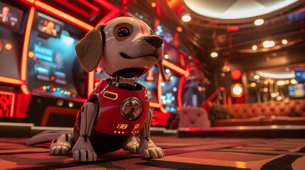 Adorable Jack Russell Terrier Dog in Uniform Sitting Inside Colorful Casino Setting