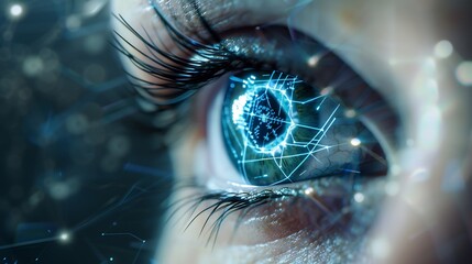 Closeup of a human eye with virtual hologram elements for surveillance - obrazy, fototapety, plakaty