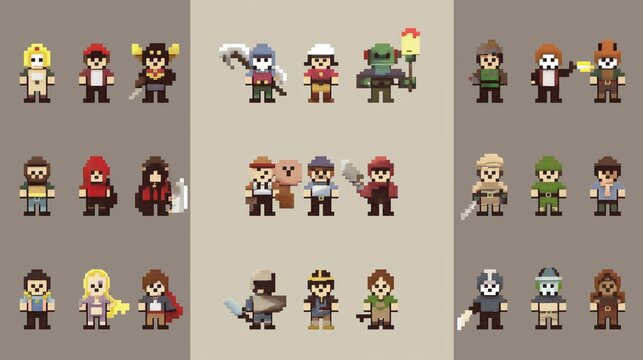 (27) unique characters in pixel art retro style