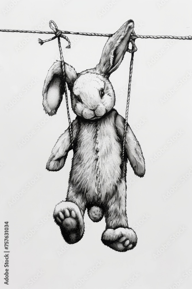 Wall mural Drawing of a hare hanging on a rope on a white background. Illustration - Wall murals